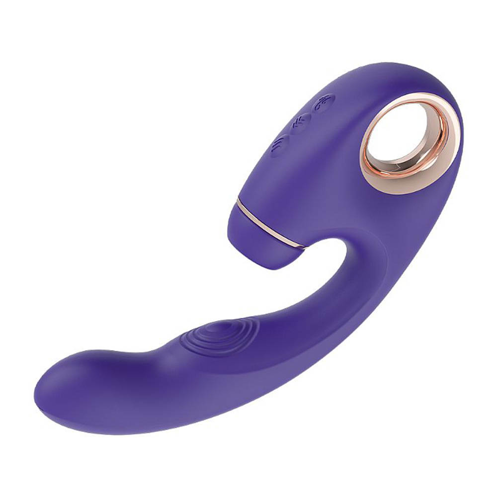 Vista lateral do Vibrador Duplo Joanna Roxo destacando seu formato ergon�mico em silicone e painel de controle