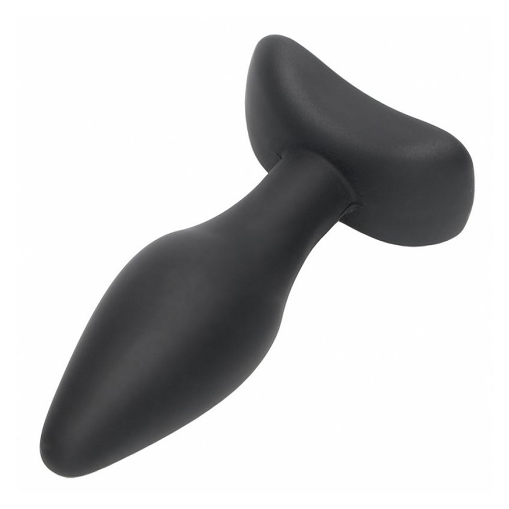 Plug anal c�nico preto em silicone, vista lateral detalhando a base de seguran�a