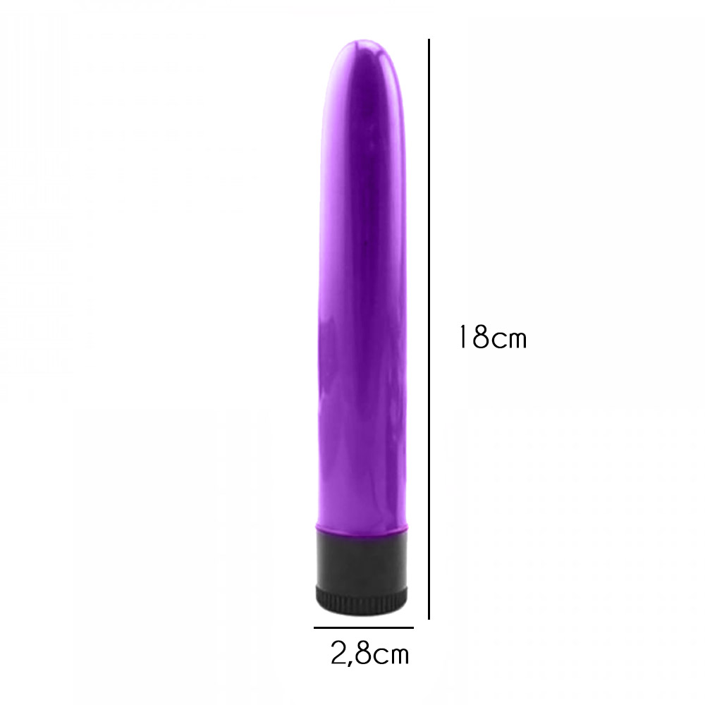 Vibrador Personal Liso Multivelocidade Roxo com dimensoes visiveis (18cm x 2,8cm), mostrando seu tamanho ideal para exploracao.