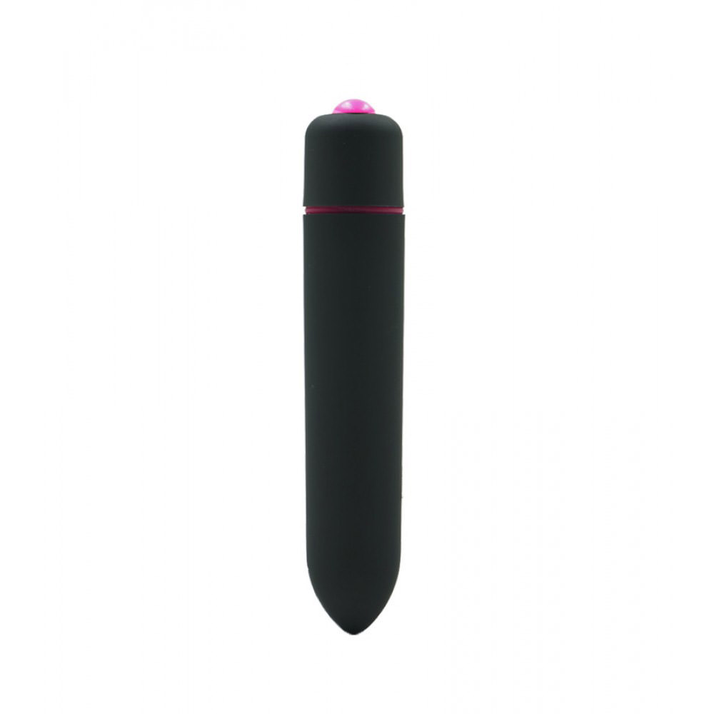 Vibrador Bullet Ogiva Mini Vibe � Prova de �gua Preto em uma vista frontal destacando seu formato ogiva e bot�o de acionamento f�csia