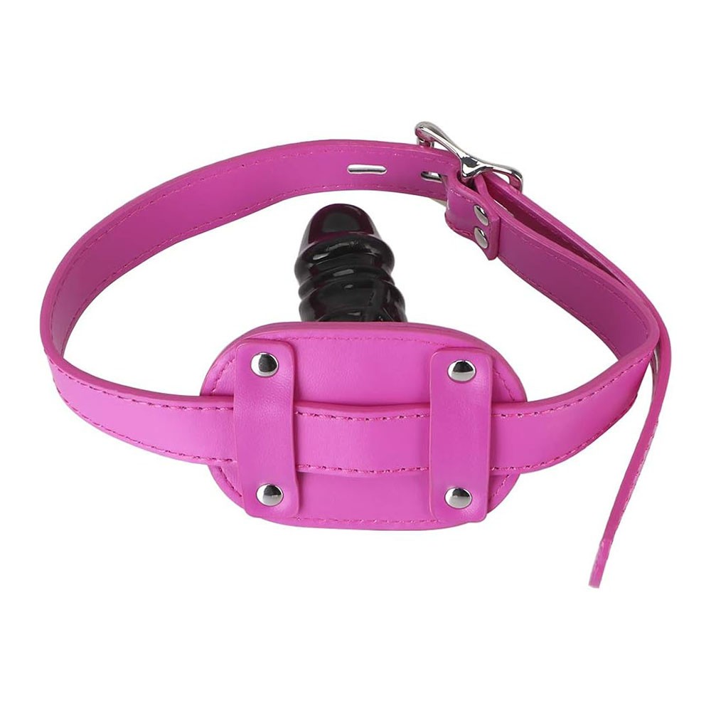 Morda�a rosa com p�nis em PVC preto, vista traseira da fivela e tiras regul�veis em PU