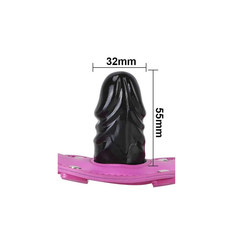 Morda�a rosa com p�nis em PVC, vista frontal inclinada mostrando o detalhe do material e da fivela ajust�vel