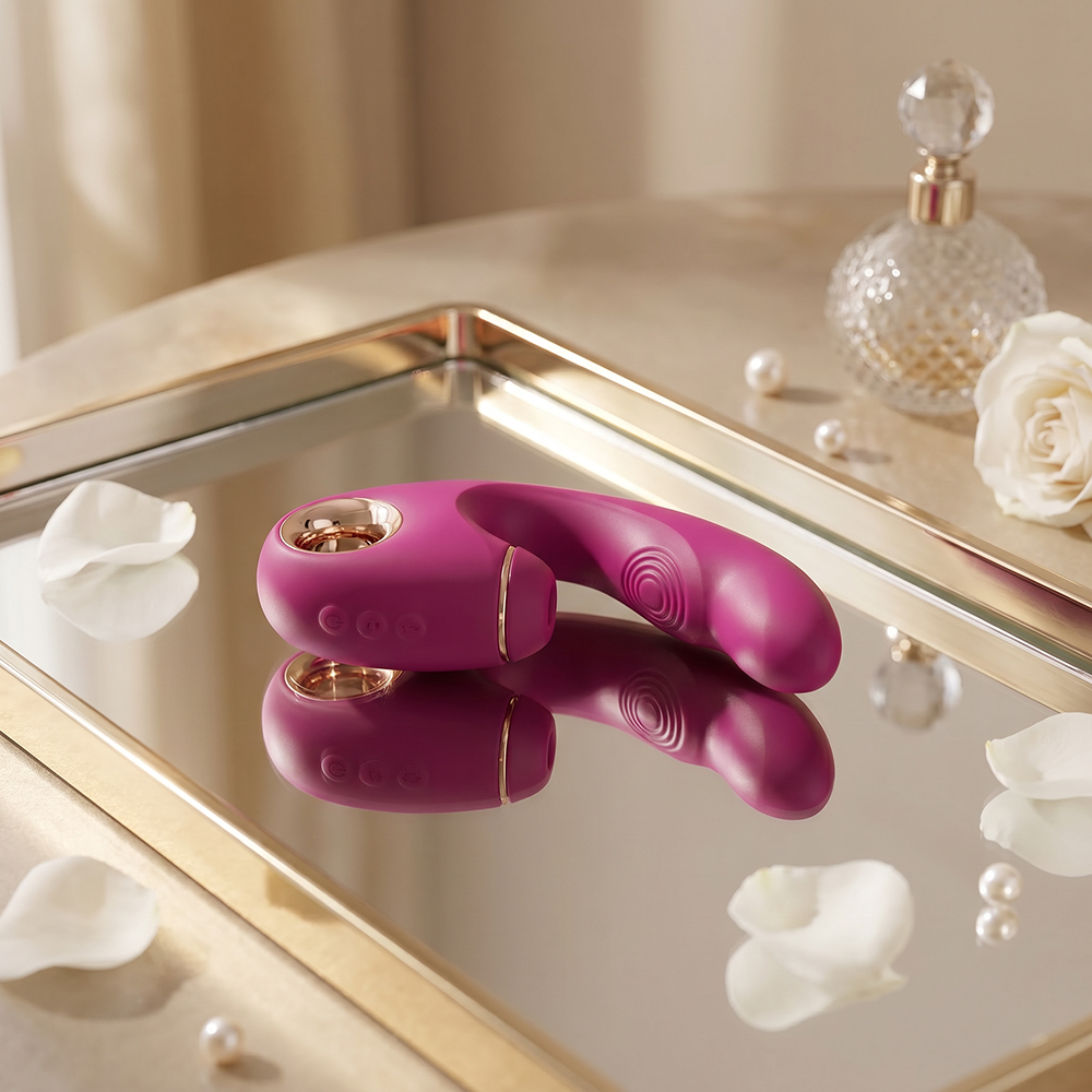 Vibrador Duplo Recarreg�vel em Silicone com 9 Vibra��es e 9 Tappings Vinho | Imagem ambientada refletida em superf�cie espelhada