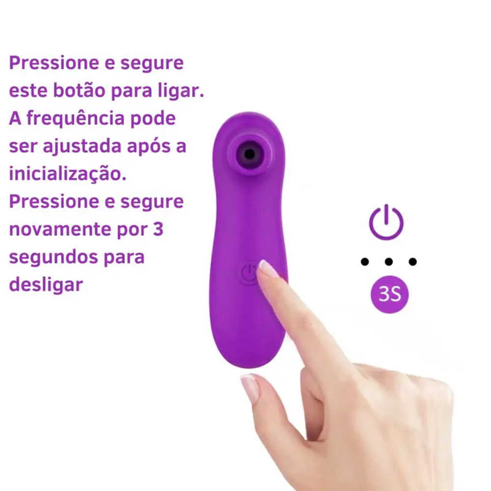 Instru��es de como ligar e desligar o Pulsador de Clit�ris Roxo, mostrando o bot�o de energia