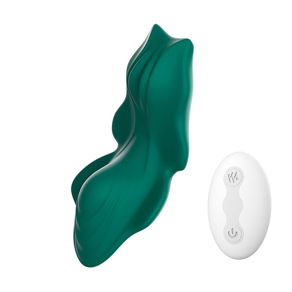 Vista superior da Calcinha Vibrat�ria Recarreg�vel Selim Verde e controle sem fio branco