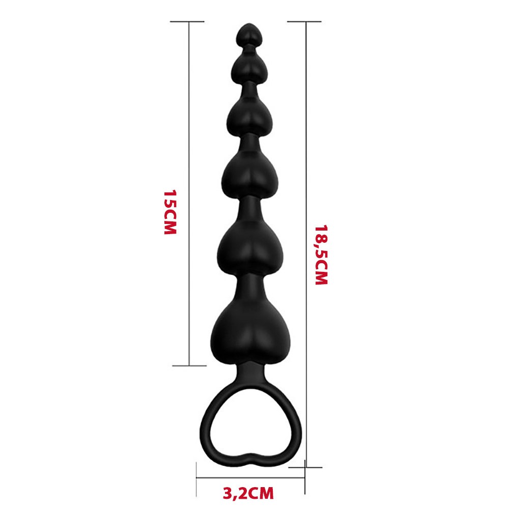 Detalhe da textura aveludada do silicone preto na bolinha anal em formato de cora��o