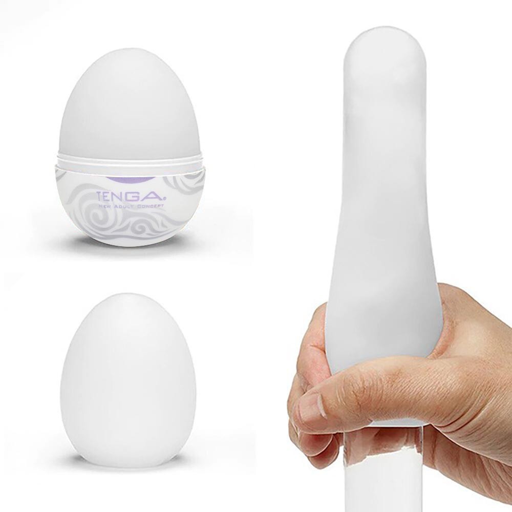 Conjunto de imagens do Tenga EGG Cloudy Hard Boiled: embalagem de ovo, produto fora da casca e masturbador sendo usado na m�o