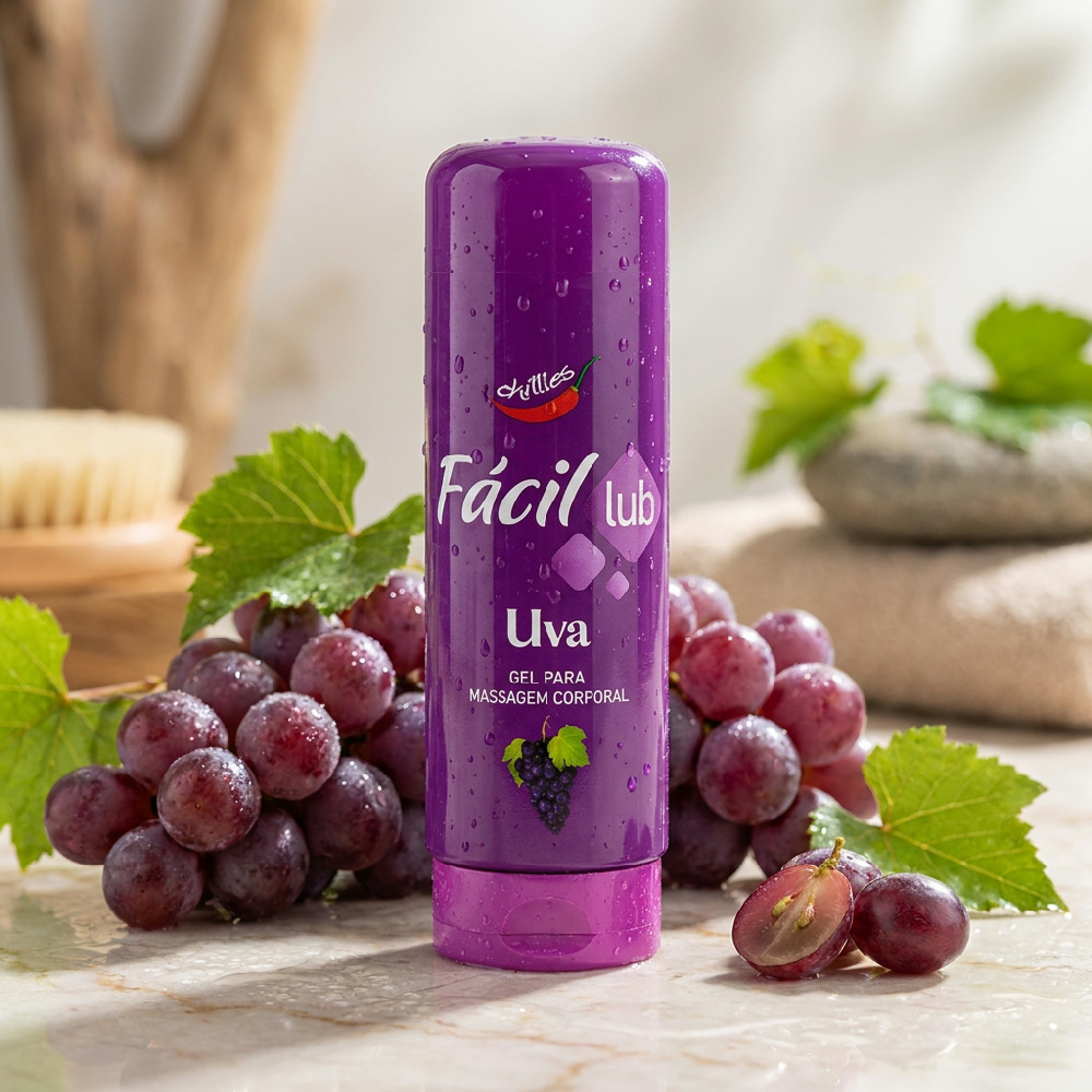 Close-up do r�tulo do Lubrificante F�cil Lub Sabor Uva 200g destacando as informa��es de 'F�cil Lub' e 'Uva'