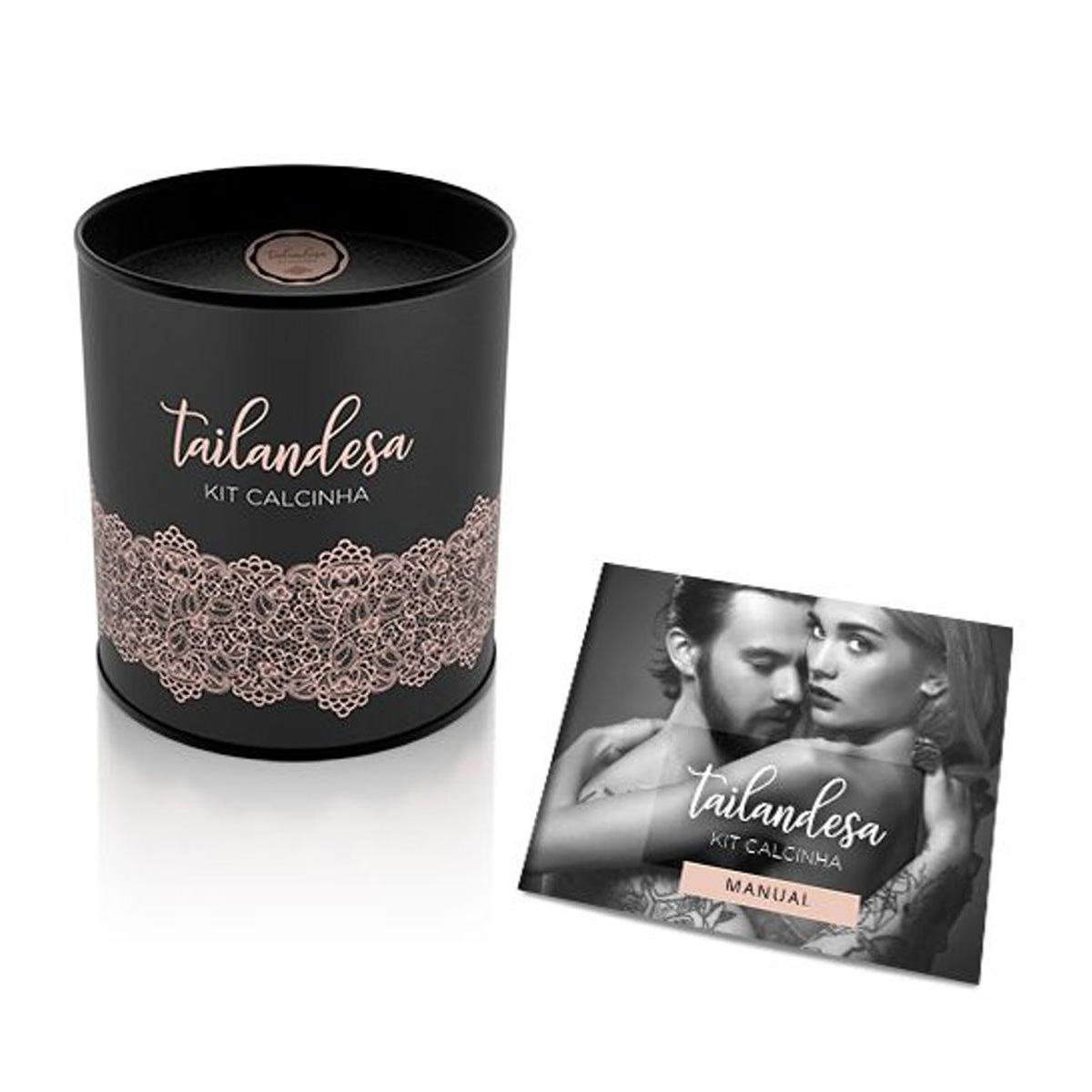Embalagem preta preta do Kit Calcinha Tailandesa Fio Dental Sexy P�rola Vermelha com design elegante e manual de instru��es
