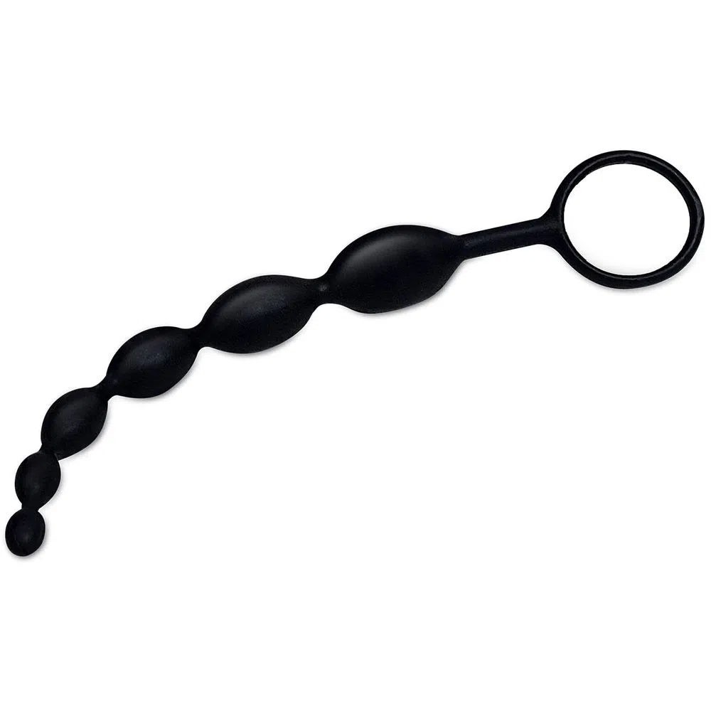 Plug anal Massageador Sensation Longo em silicone preto, em vista superior, com a al�a em anel destacada.