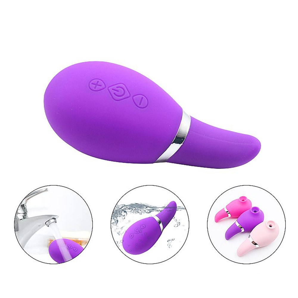 Vibrador Zaki Roxo recarreg�vel em silicone, com bot�es de controle e indicador de recarga USB vis�veis, ao lado de ilustra��es de uso