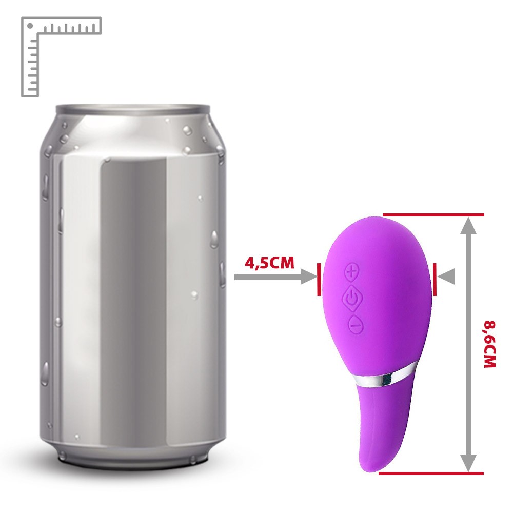 Vista do Vibrador Zaki Roxo em silicone, mostrando a parte inferior com a base levemente curvada, detalhes dos bot�es e o design elegante