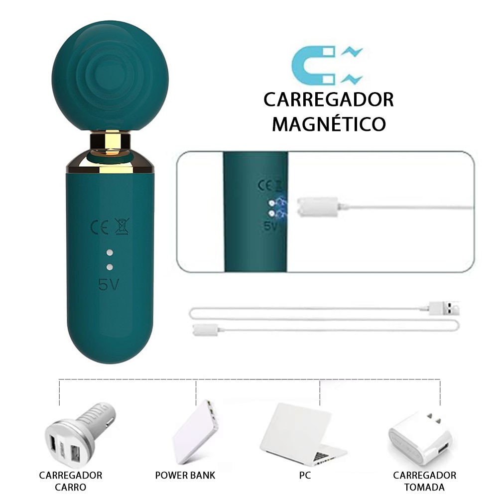 Vibrador Feminino Recarregavel em Silicone com 10 Pulsacoes e 10 Modos de Tapping Verde - Embalagem ou contexto de uso, mostrando o cabo USB