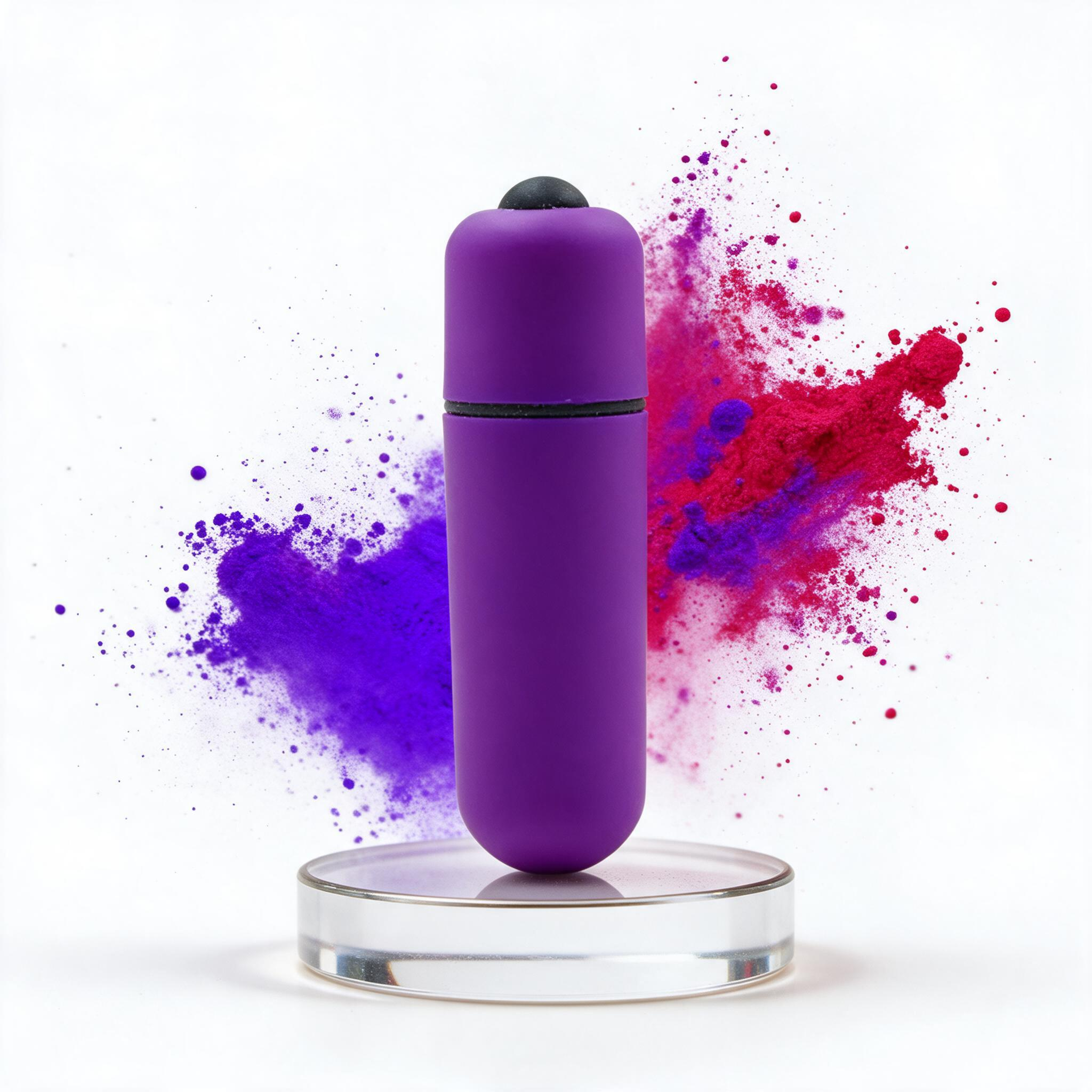 Vibrador Bullet Power 10 Vibra��es Roxo em sua embalagem, mostrando o design e as informa��es do produto
