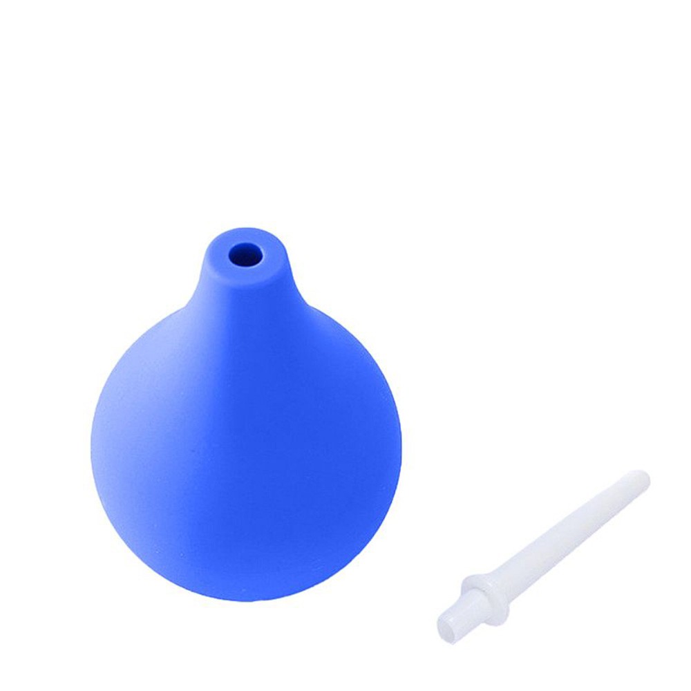 Ducha Higi�nica �ntima Reutiliz�vel de silicone azul e bico branco separados, mostrando o encaixe e orif�cio de sa�da