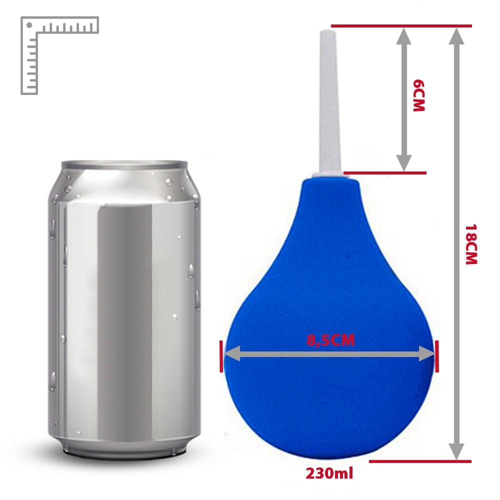 Ducha Higi�nica �ntima Reutiliz�vel em silicone azul com bico em pl�stico branco, vista lateral com a p�ra semi-pressionada