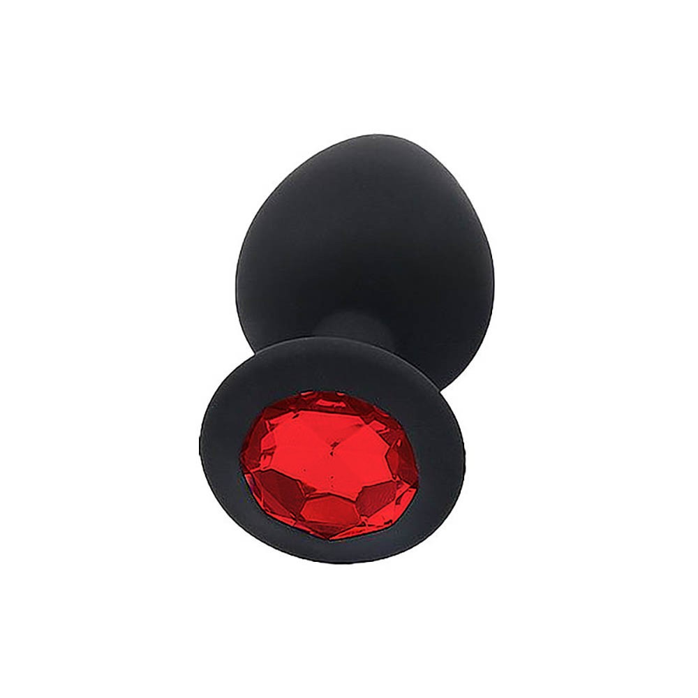 vista lateral do plug anal joia em silicone preto, evidenciando seu formato anat�mico e flexibilidade