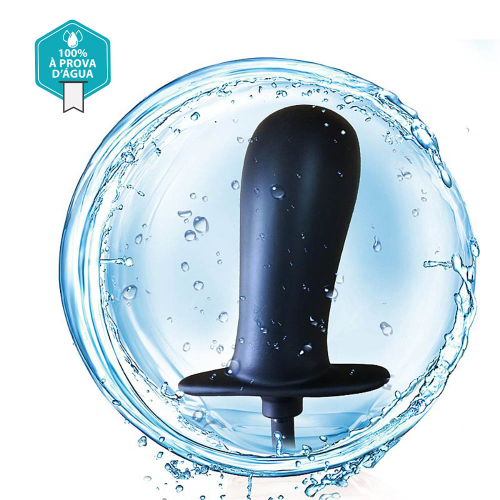 Plug anal infl�vel em silicone preto com bomba manual, vista frontal em fundo abstrato, destacando a textura lisa
