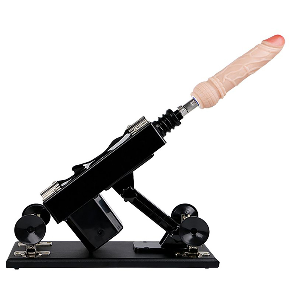 M�quina do Sexo Powerful Driving Fucking Machine com p�nis de silicone bege acoplado, vista lateral em �ngulo