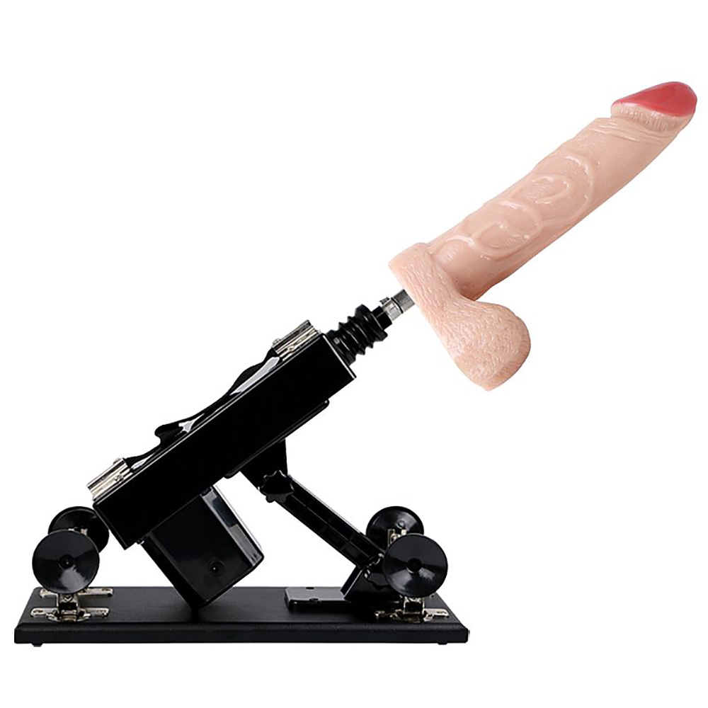 M�quina do Sexo Powerful Driving Fucking Machine com p�nis de silicone bege e escroto, vista lateral em �ngulo