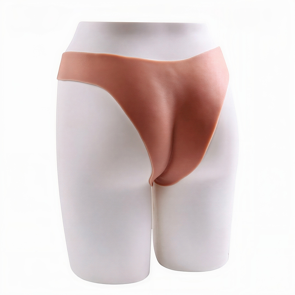 Calcinha Cavada Penetr�vel em Silicone com Vagina Real�stica Bege vista lateral do manequim