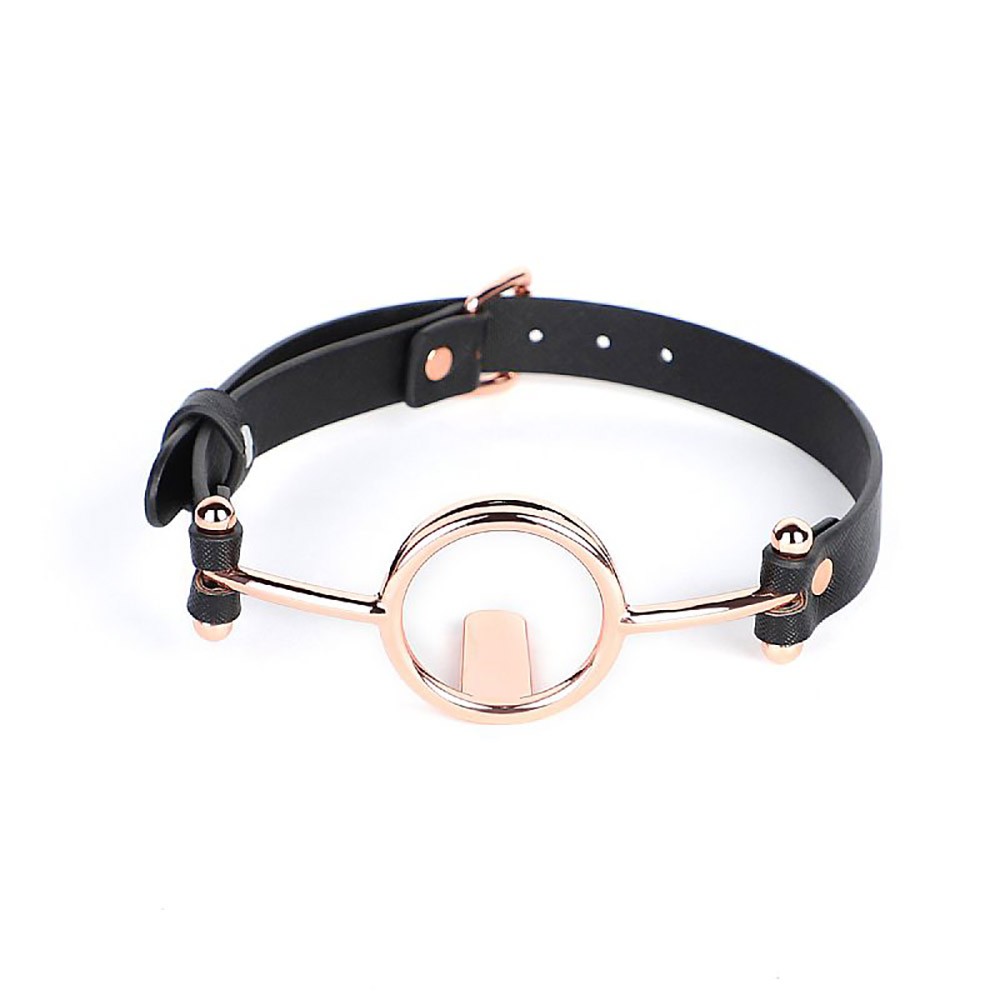 Morda�a BDSM em PU preto e anel de a�o inoxid�vel rose gold, vista posterior mostrando a fivela