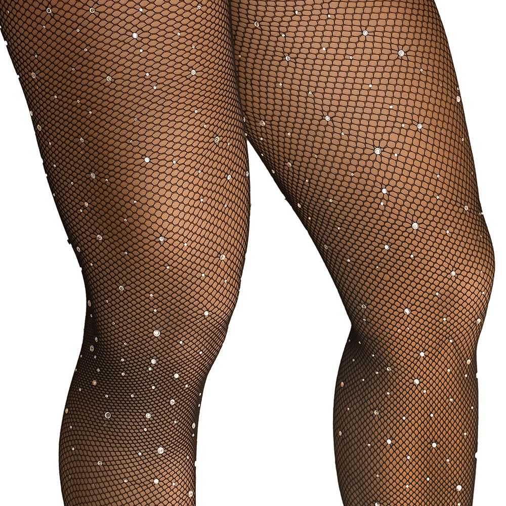 Meia Cal�a Arrast�o Sensual Preta, detalhe das pernas com strass brilhantes e a trama fina