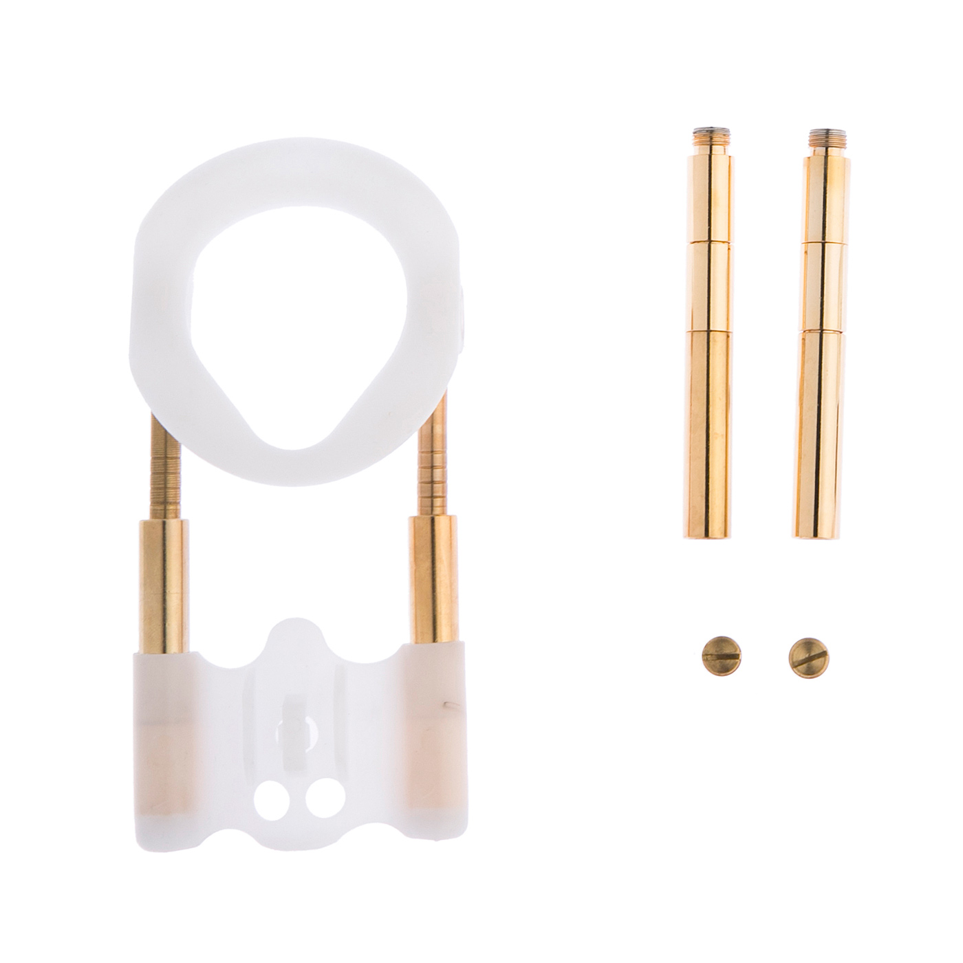 Extensor Peniano Tensordin SS Branco com detalhes dourados e parafusos, mostrando montagem com anel de silicone e hastes