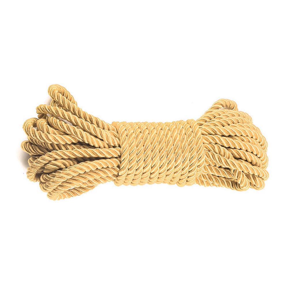 Corda para Bondage e Shibari em Poli�ster com 10 Metros Dourado enrolada, vista frontal com detalhes da textura