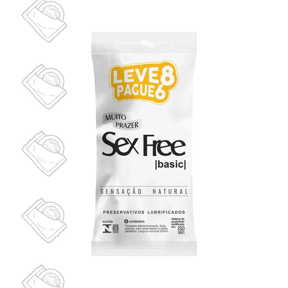 Embalagem do Preservativo Sex Free Basic 52mm Sensa��o Natural em destaque com repeti��es em fundo esquerdo