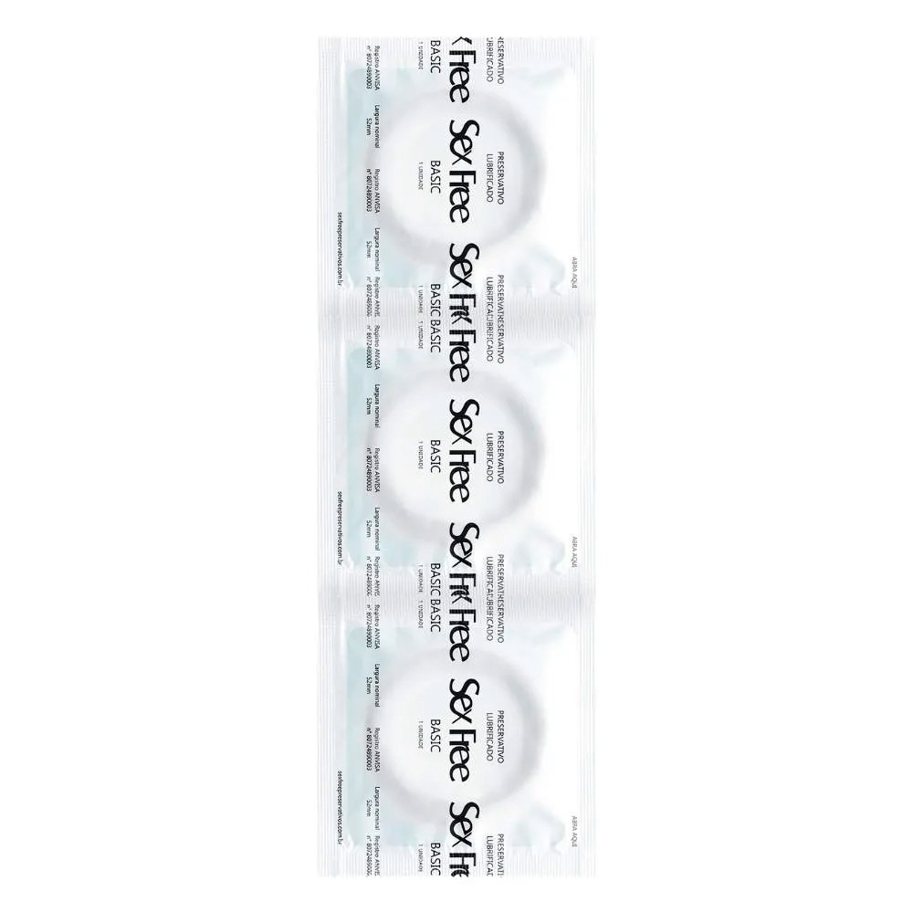 Preservativos Sex Free Basic 52mm Sensa��o Natural em fileira, vista superior