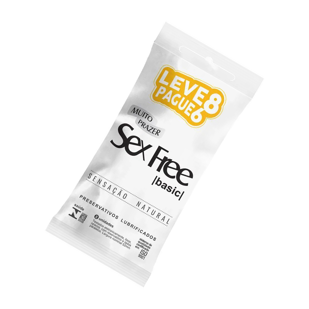 Preservativo Sex Free Basic 52mm Sensa��o Natural ainda na embalagem individual, exibindo a marca e a indica��o de abertura
