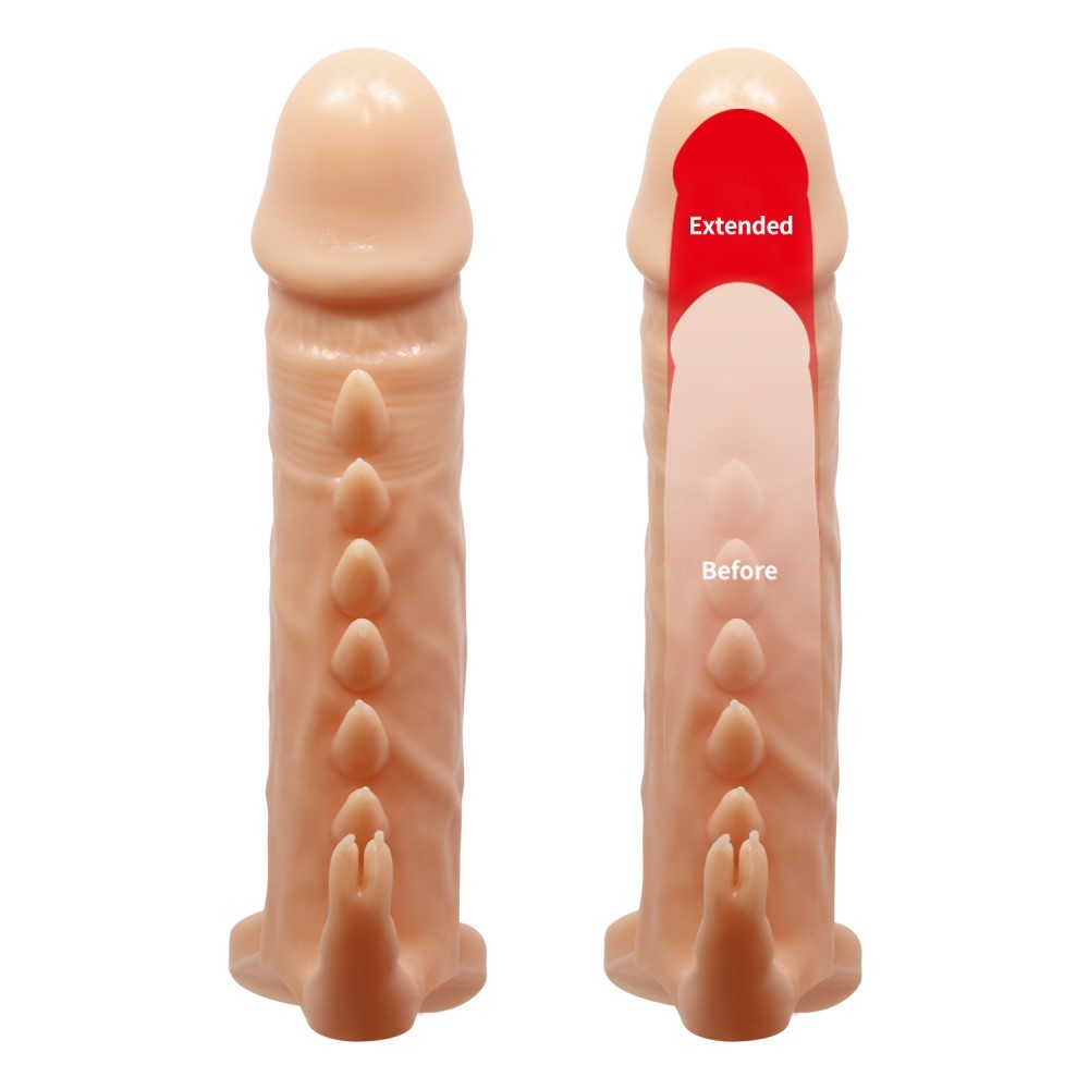 Capa Peniana sem Vibrador em Silicone com Anel Escrotal e Estimulador de Clit�ris vista lateral, mostrando o formato ergonomico e o estimulador de clitoris