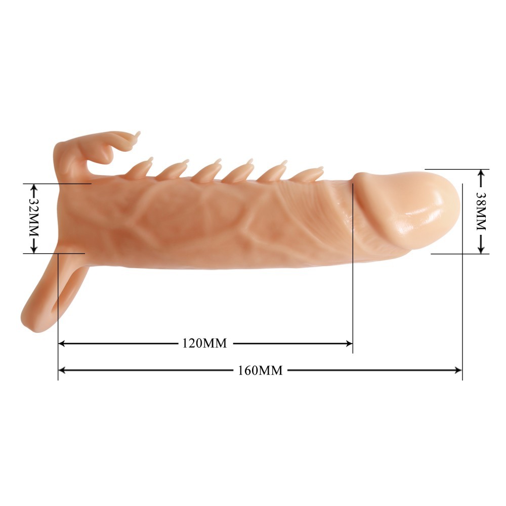 Capa Peniana sem Vibrador em Silicone com Anel Escrotal e Estimulador de Clit�ris vista completa das medidas