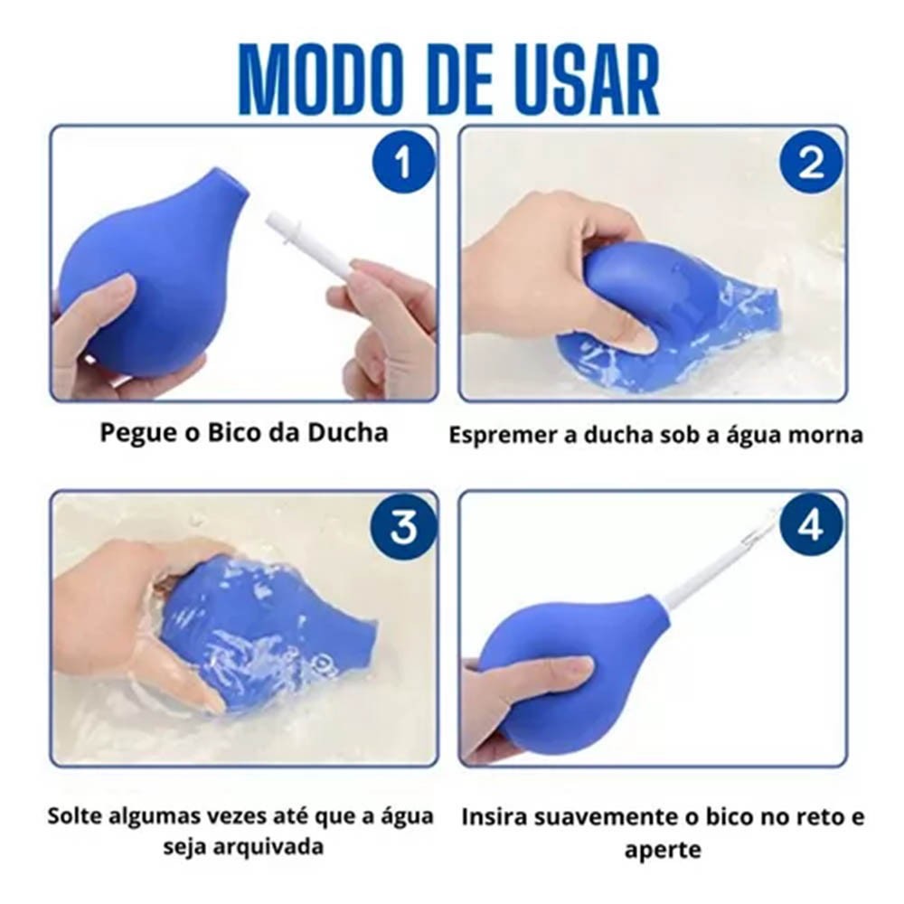 Ducha Higi�nica �ntima Pequena 89ml Azul com um cord�o, mostrando a flexibilidade do bulbo de silicone