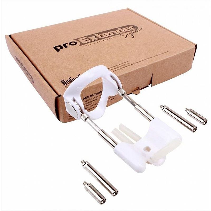 Extensor Peniano Pro Extender Original | Dispositivo montado com embalagem ao fundo e hastes extras