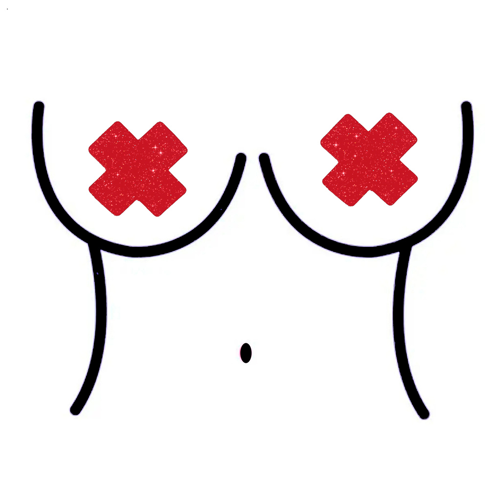 Detalhe do tapa mamilo sexy vermelho brilhante em formato de X, mostrando o acabamento e a qualidade do material