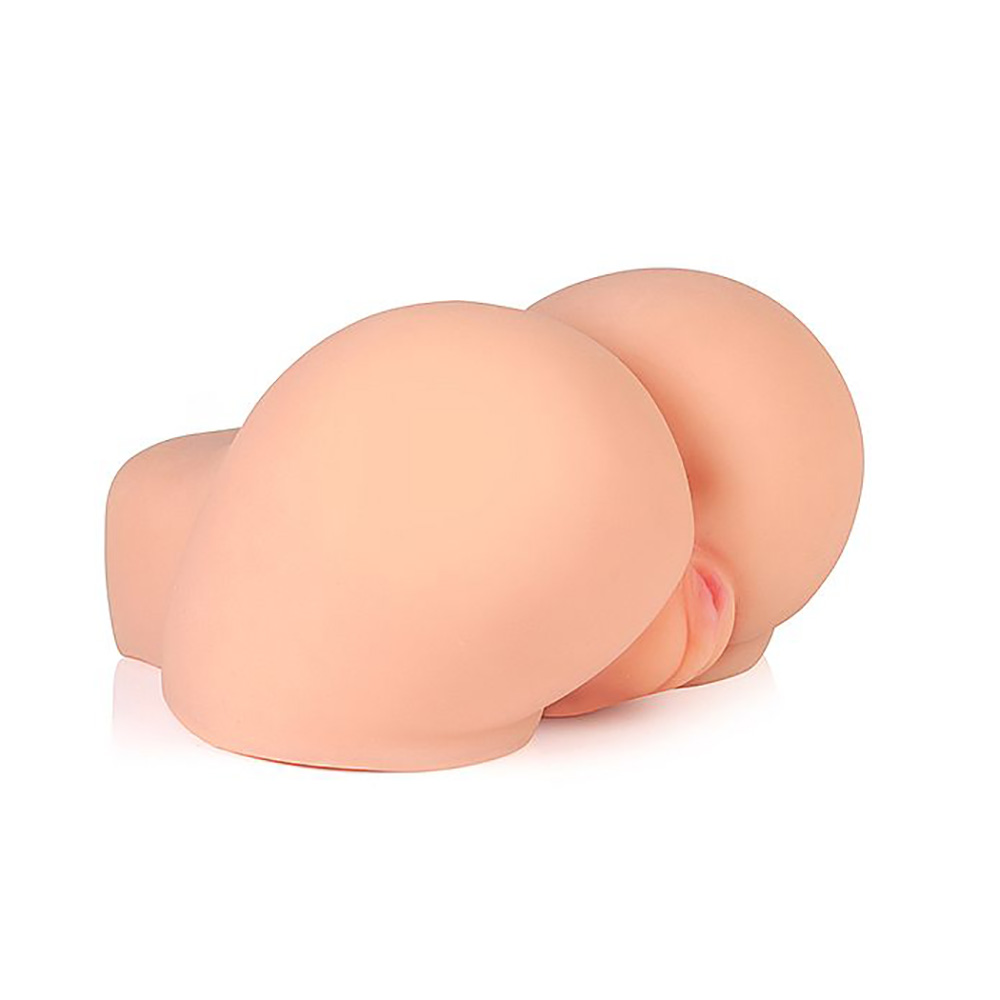 vista lateral do masturbador bumbum Cyberskin bege com canais vaginal e anal em evid�ncia