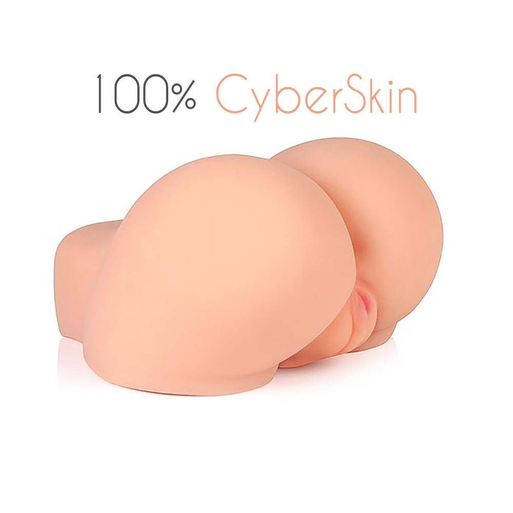 masturbador de bumbum em Cyberskin com texto 100% Cyberskin destacando a qualidade do material bege