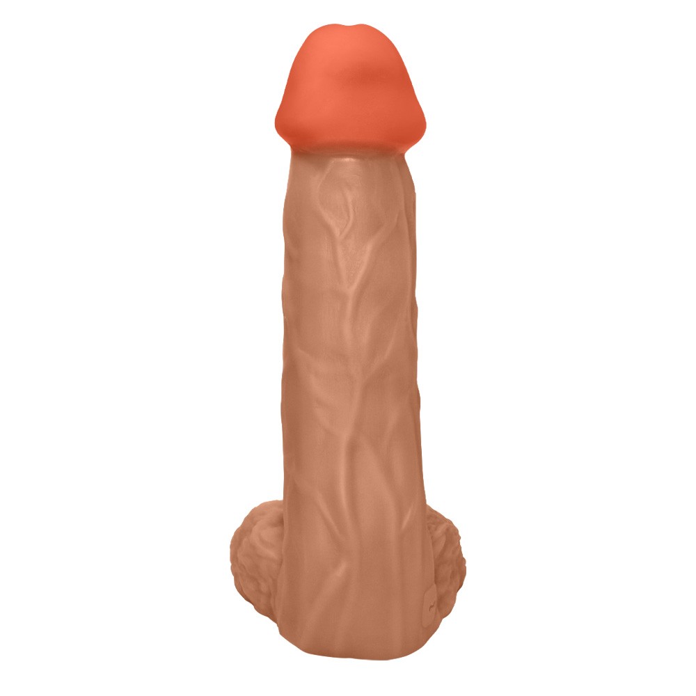 Vista frontal do p�nis gigante flex�vel com escroto valente, destacando a cor bege e a textura realista