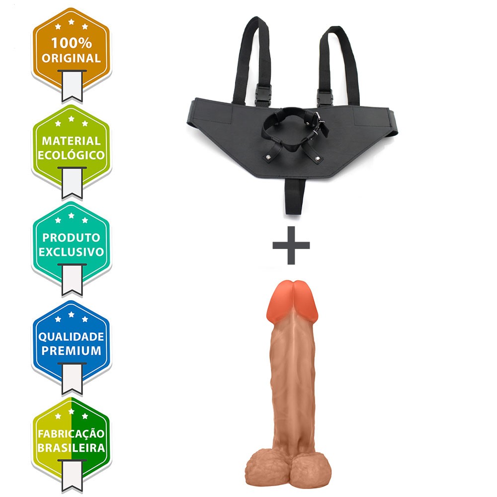 Detalhe da base do p�nis flex�vel, mostrando o escroto valente e o encaixe na cinta de PU, em cor bege