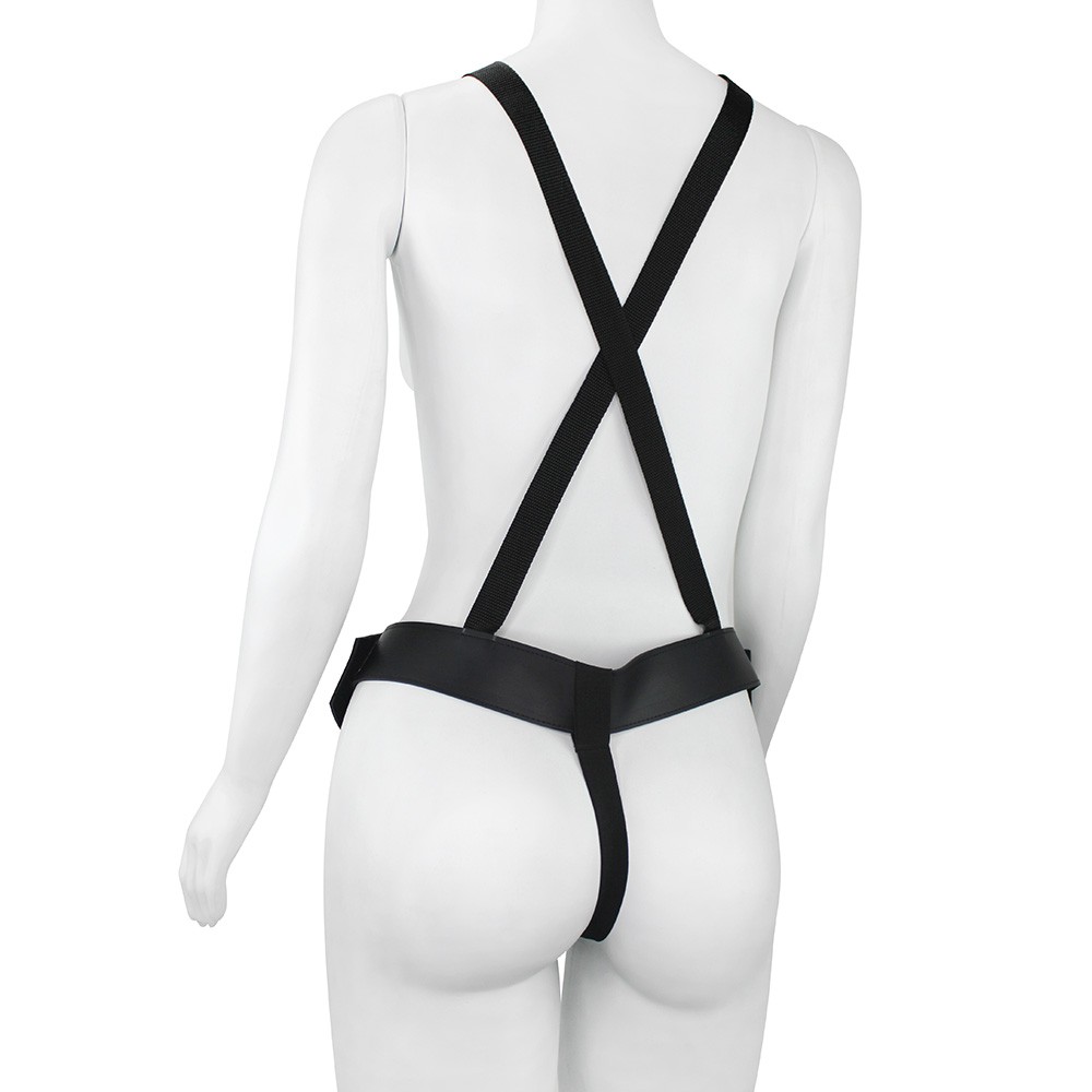 Cinta peniana com p�nis gigante flex�vel e escroto Valente em vista traseira, mostrando o design da cinta e al�as
