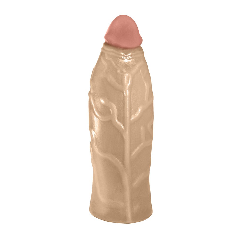 vista frontal detalhada do p�nis gigante e grosso flex�vel na cor bege com textura veias e glande saliente