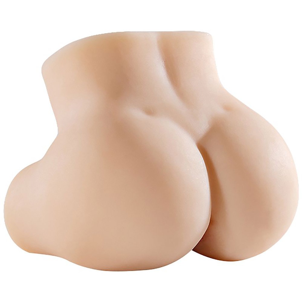 Vista traseira do masturbador Lyn bege em Cyberskin, mostrando a forma da bunda