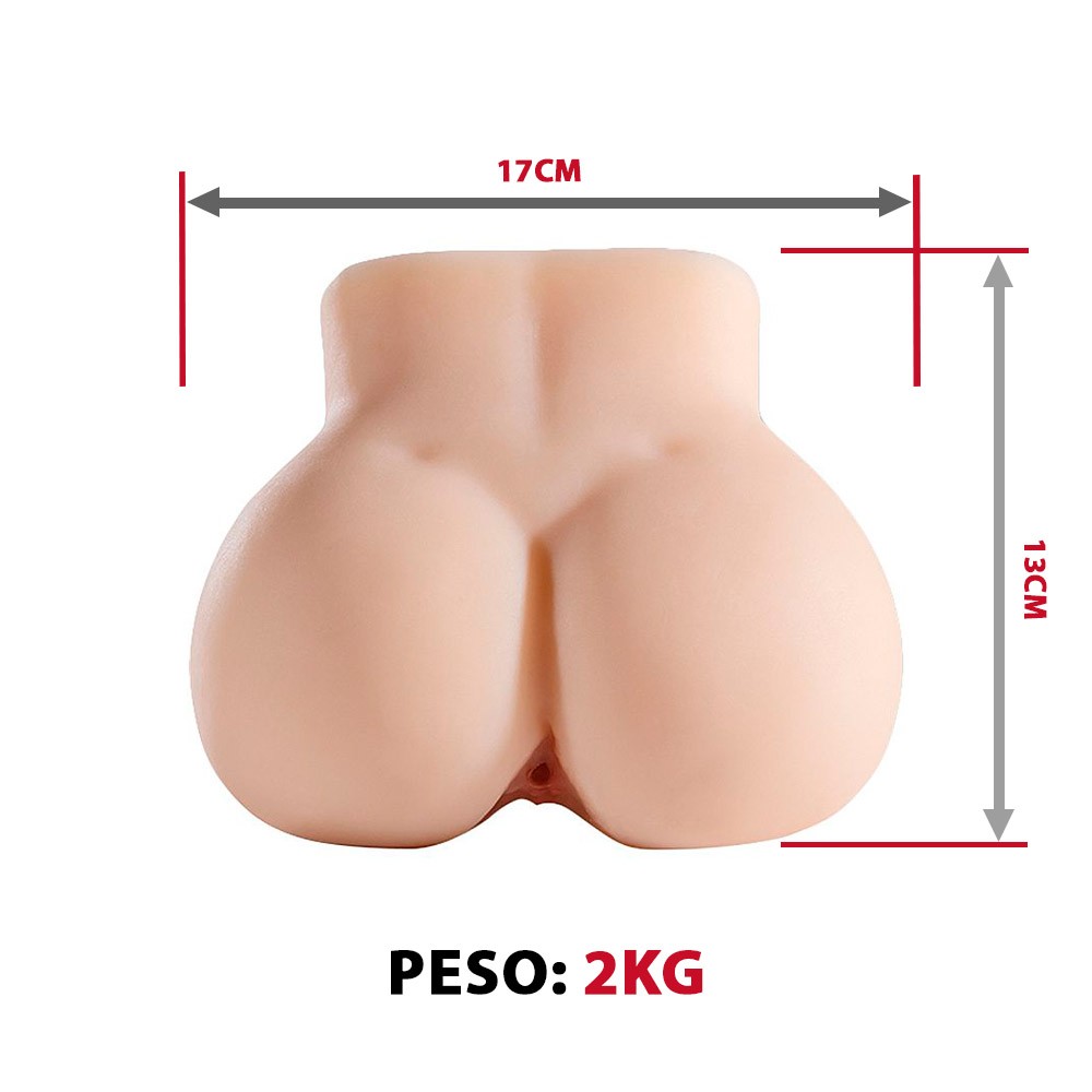 Masturbador Cyberskin bege posicionado verticalmente, exibindo a parte inferior do corpo e aberturas