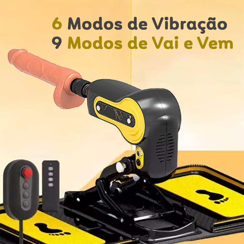 M�quina de sexo em formato de bolsa aberta mostrando controle com fio, 6 modos de vibra��o e 9 modos de vai e vem