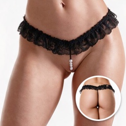 Calcinha Tailandesa Fio Dental Sexy em Renda com Abertura Preta