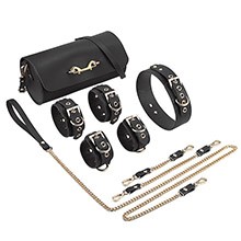 Foto do Produto Kit Bondage em PU (Imitação de Couro) e Metal com Coleira, Guia, Tornozeleira e Algemas Preto e Dour