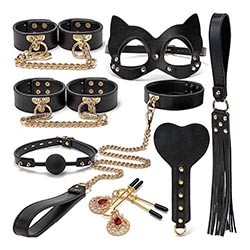 Kit Bondage 8 com Maleta Luxo: Algema, Máscara, Tornozeleira, Coleira e Mais 4 Itens Preto