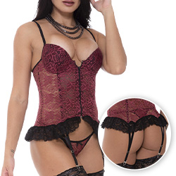 Espartilho Sensual Sexy com Aro, Bojo, Zíper e Calcinha String Simone Vinho